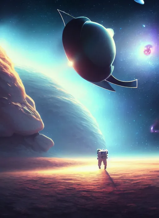 Image similar to astronaut cosmonaut discovery of new worlds of galaxies panorama, fantasy portal to far universe. astronaut space exploration, gateway to another universe, cinematic view, epic sky, detailed, concept art, low angle, high detail, warm lighting, volumetric, godrays, vivid, beautiful, trending on artstation, by jordan grimmer, huge scene, art greg rutkowski