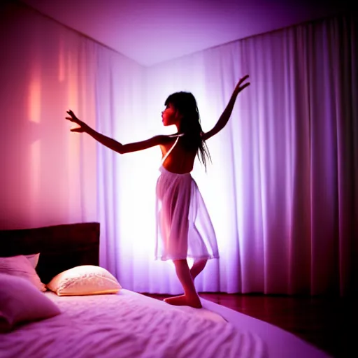 Image similar to cute girl wearing white dancing joyfully in her bedroom at night, dark atmospheric lighting, elegant, highly detailed, heavy grain, sharp focus, depth of field, radiant light, 8 k, hdr, beautiful composition, photographed by steve mccurry