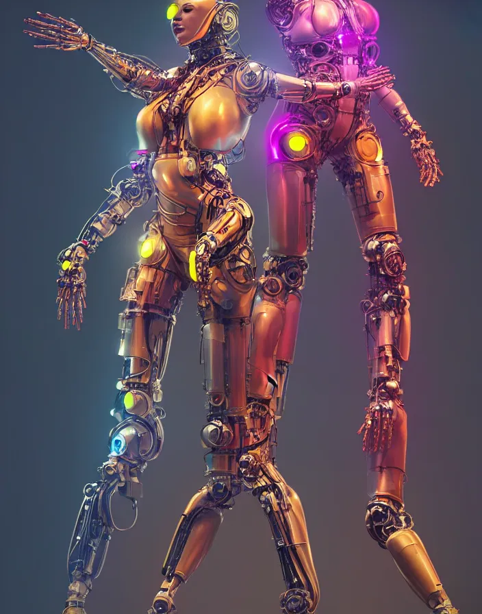 Image similar to full lenght shot, super hero pose, woman in biomechanical dress, inflateble shapes, wearing epic bionic cyborg implants of different colors, masterpiece, intricate, biopunk futuristic wardrobe, highly detailed, artstation, concept art, background galaxy, cyberpunk, octane render