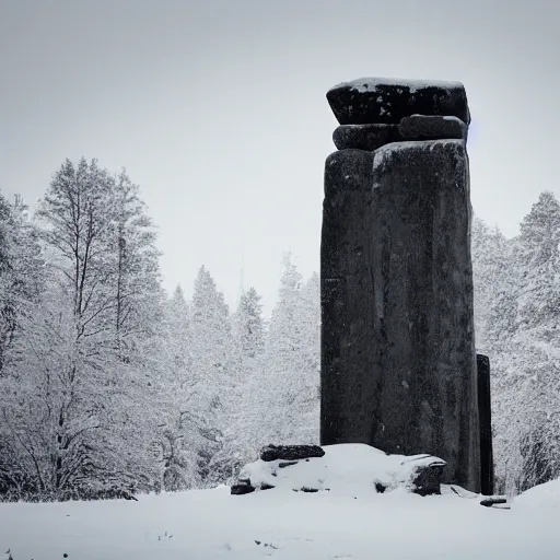 Prompt: a monolithic pillar temple in a taiga. snowing, overcast sky, grainy.