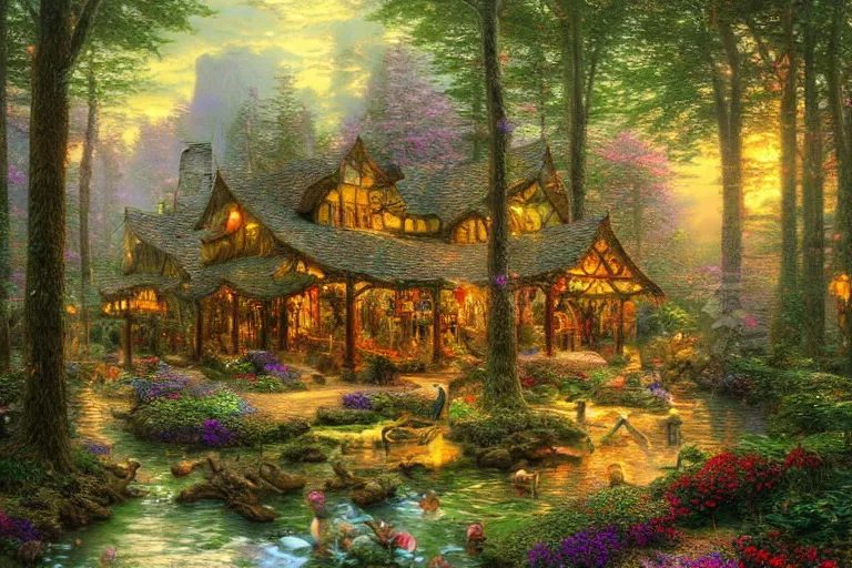 Prompt: a beautiful fantasy forest, fine digital art, extreme detail, highly complex, very intricate, volumetric lighting, by Thomas Kinkade and Mucha