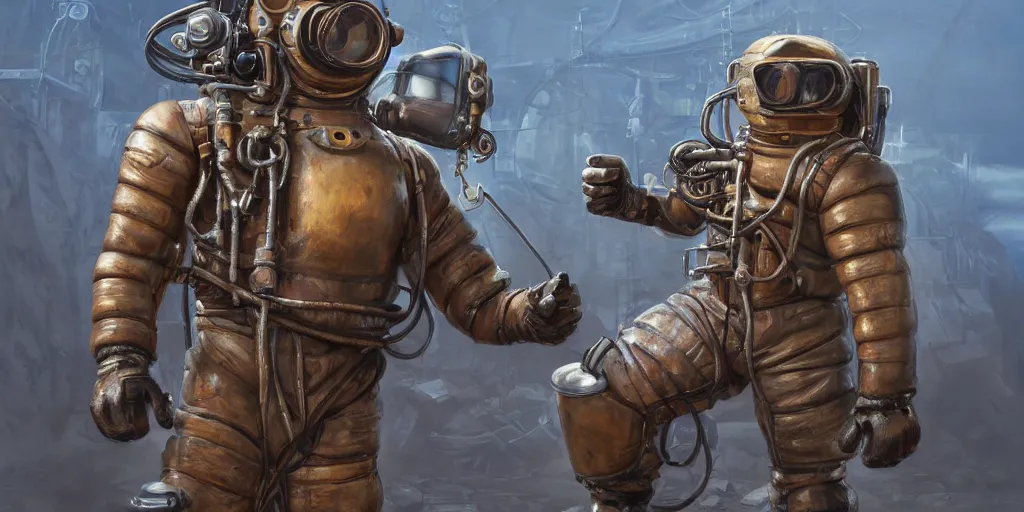 Prompt: highly detailed portrait painting of welder stallone in atmospheric diving suit, mono eyed, by eddie mendoza and tyler edlin, windows, 8 k resolution