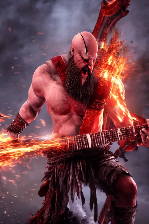 Image similar to screaming kratos rocking out on a flaming stratocaster guitar, cinematic render, god of war 2 0 1 8, playstation studios official media, lightning, flames, left eye stripe, left eye stripe, left eye stripe, left eye stripe, clear, coherent