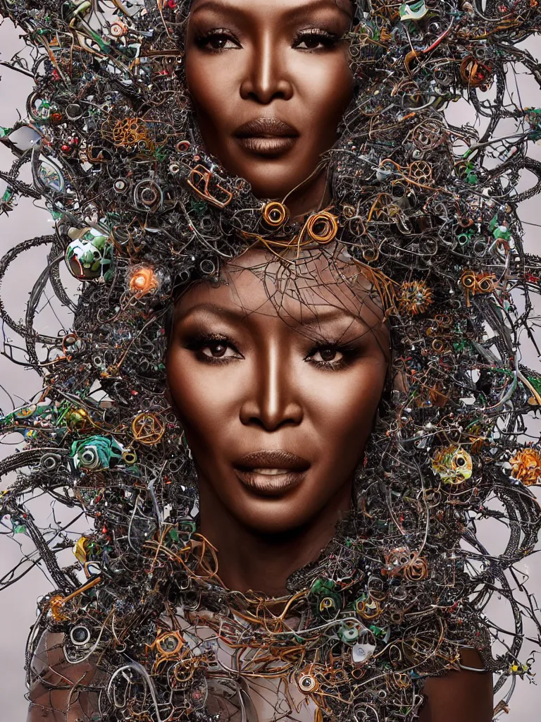 Prompt: a centered render of naomi campbell surrounded by intertwining bio - mech tendrils made of machine and robot parts with gemstones and leaves and feathers and incense smoke flowing around, full body, gorgeous face, perfect face, powerful, by james jean, by ross tran, 3 d, trending on artstation, octane render, 8 k