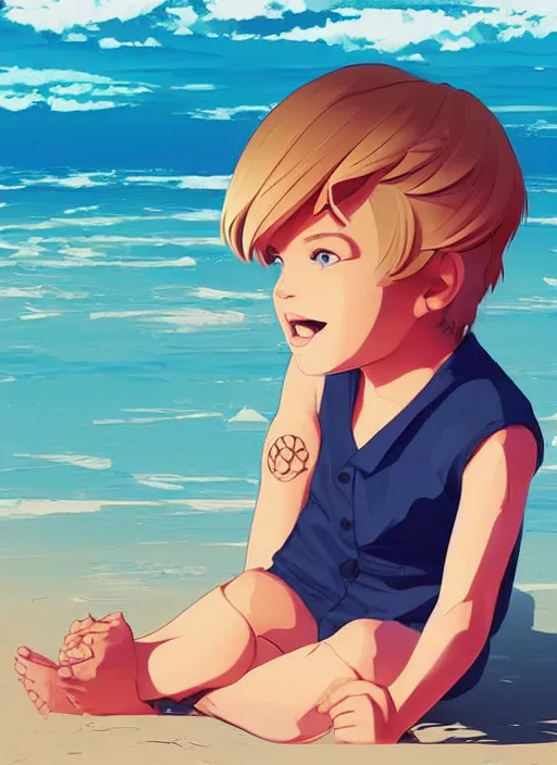 Prompt: a little boy with tousled blonde hair sitting on the beach. clean cel shaded vector art. shutterstock. behance hd by lois van baarle, artgerm, helen huang, by makoto shinkai and ilya kuvshinov, rossdraws, illustration, art by ilya kuvshinov