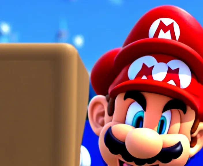 Prompt: still from a 3 d cartoon of ( ( super mario standing behind a podium!!! in the mushroom kingdom at a heated political rally, political!!!! ) ), 4 k, official screenshot, close - up