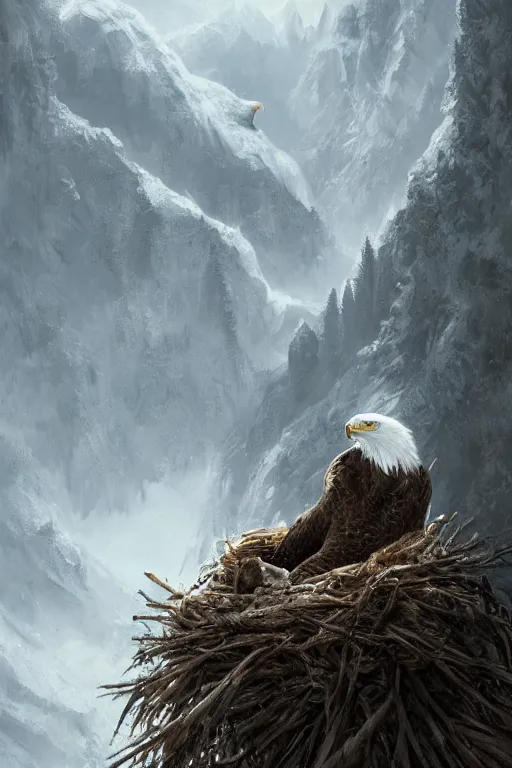 Image similar to portrait of majestic white eagle on his Nest in the mountains, Single face, dramatic lighting, cinematic, establishing shot, extremly high detail, photo realistic, cinematic lighting, post processed, concept art, artstation, matte painting, style by eddie mendoza, raphael lacoste, alex ross