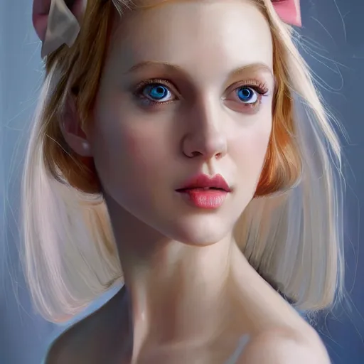 Image similar to a symmetrical portrait of a blonde woman with bows, oil painting, pale colors, high detail, 8 k, wide angle, trending on artstation,