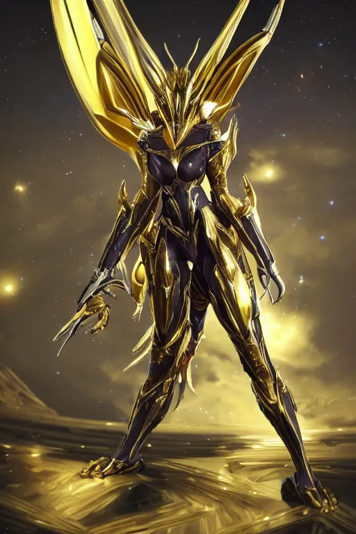 Image similar to galactic hyperdetailed elegant beautiful stunning giantess saryn prime anthropomorphic mecha female dragon goddess, sharp spines, sharp metal ears, sleek yellow eyes, smooth gold skin, smooth gold armor, bigger than galaxy, epic proportions, epic scale, epic size, warframe destiny fanart, furry, dragon art, goddess, giantess, furaffinity, octane render