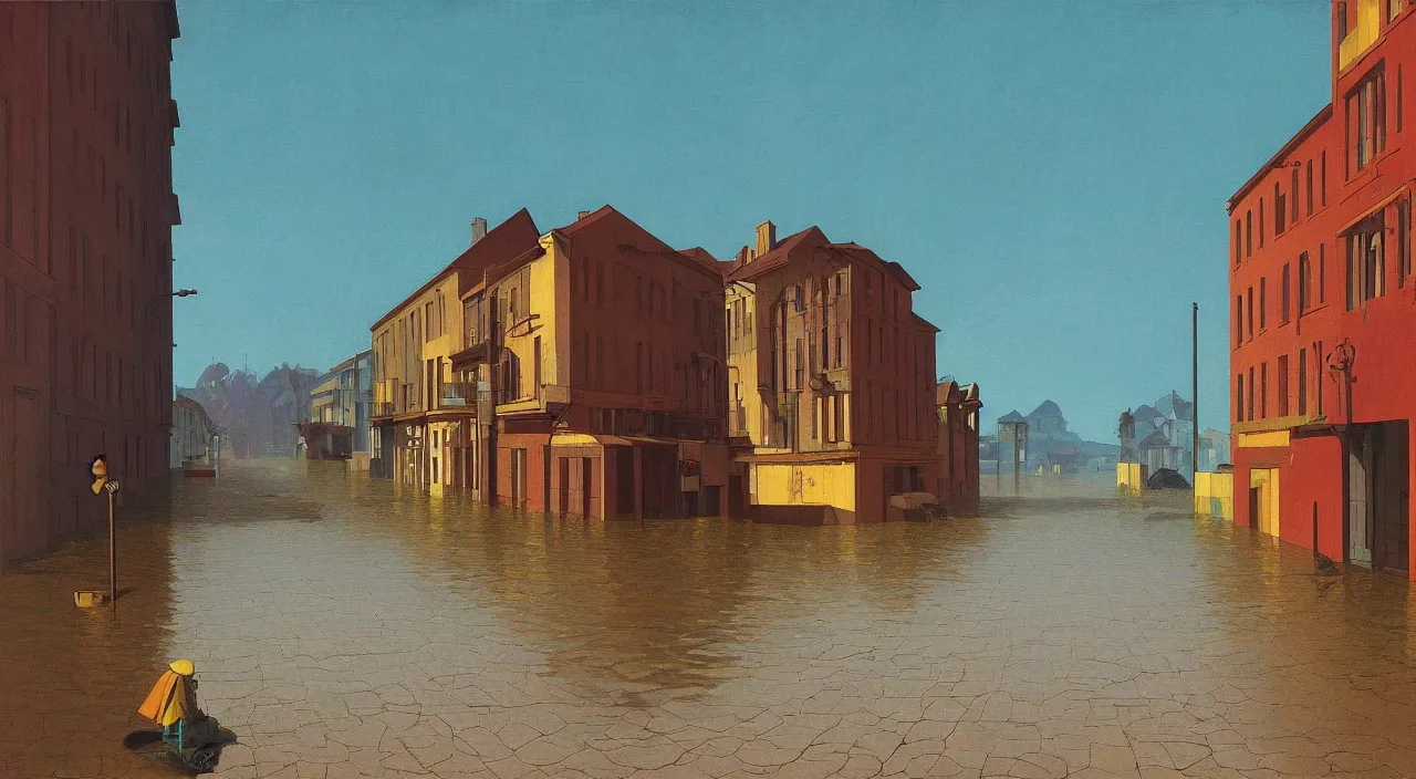 Prompt: single flooded simple wooden empty street, very coherent and colorful high contrast!! masterpiece by rene magritte simon stalenhag carl spitzweg syd mead norman rockwell edward hopper james gilleard, minimalist, dark shadows, sunny day, hard lighting