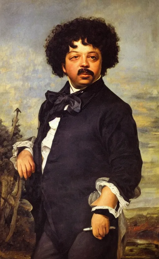 Image similar to Portrait of Alexandre Dumas, oil on canvas, highly detailed, by Delacroix, 8k