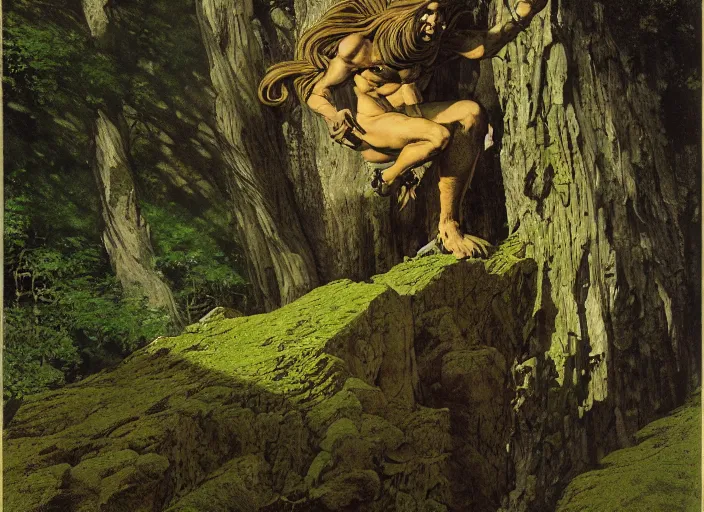 Prompt: a troll on a rock in the woods, dramatic lighting, fluid, smooth, bright, colours, high contrast, sharpness, very detailed, intricate, by moebius, frazetta, giorgio de chirico and klimt