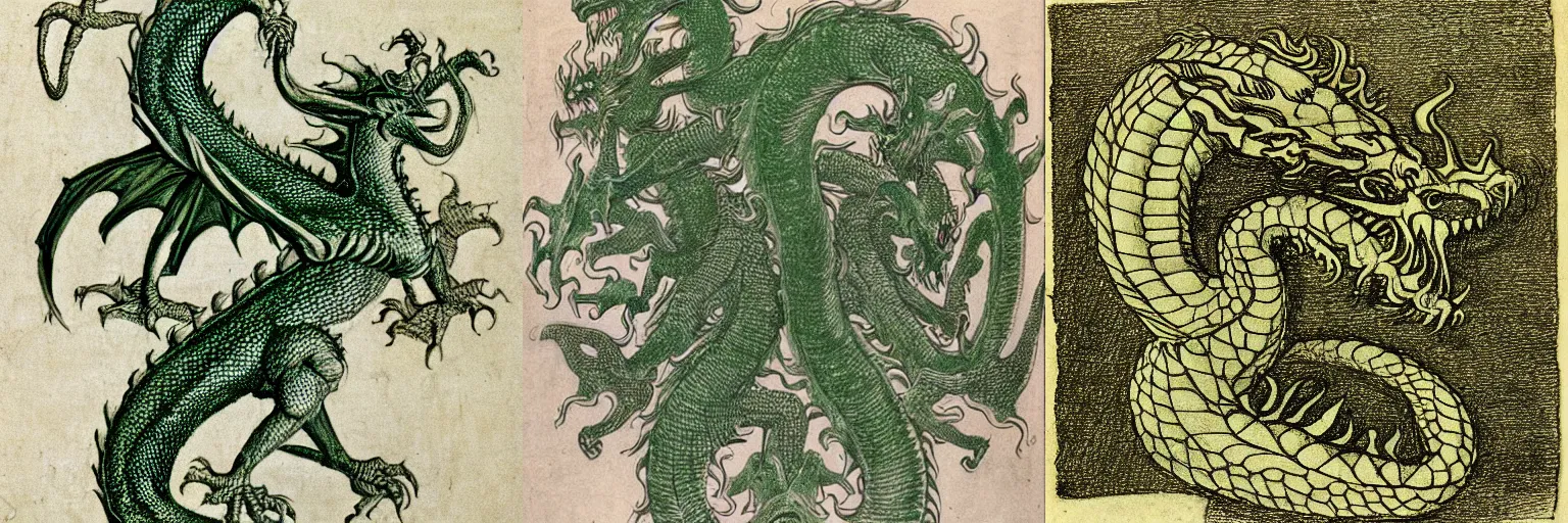 Prompt: green dragon with 12 heads, drawing by Leonardo Da Vinci
