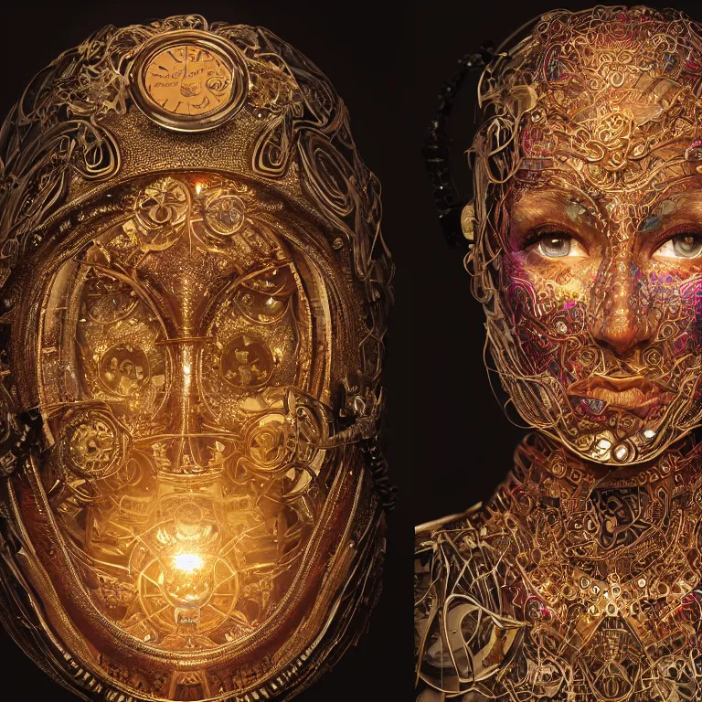 Image similar to octane render portrait by wayne barlow and carlo crivelli and glenn fabry, a high - end chrome clockwork automaton with intricate gold and silver detailing in the style of henna face tattoos, inside a wide mandala pattern made out of colorful flames, volumetric lighting and light rays, cinema 4 d, ray traced lighting, very short depth of field, bokeh