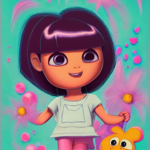 Prompt: dora the explorer as real girl in happy pose, detailed, intricate complex background, Pop Surrealism lowbrow art style, muted pastel colors, soft lighting, 50's looks by Mark Rydenand Yosuke Ueno, artstation cgsociety