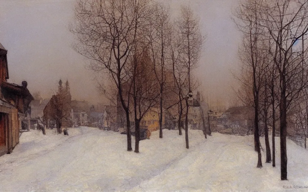 Image similar to a painting of a street in winter, pale sun, mist, oil on canvas, by carl larsson