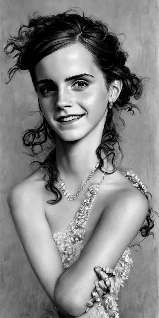 Image similar to emma watson smiling smiling smiling detailed portrait curly updo painting by gaston bussiere craig mullins j. c. leyendecker photograph by richard avedon peter lindbergh annie leibovitz