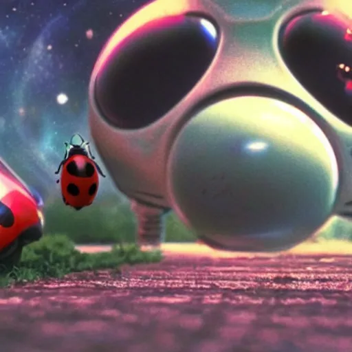 Prompt: promotional still wide angle, baby evil ladybugs, ladybug quadrupeds with big rgb eyes, huge ladybug motherships, epic road - trip in outer space, dramatic lighting, ( e. t. the extra - terrestrial ), batteries not included, harry potter, imax, 7 0 mm.