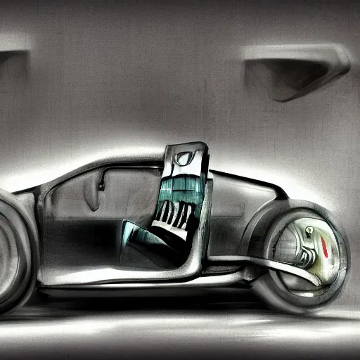 Prompt: automobile, studio, futuristic, patrick kelley, vergil exner, vintage car, industrial design concept, big engine, full view. blank background.