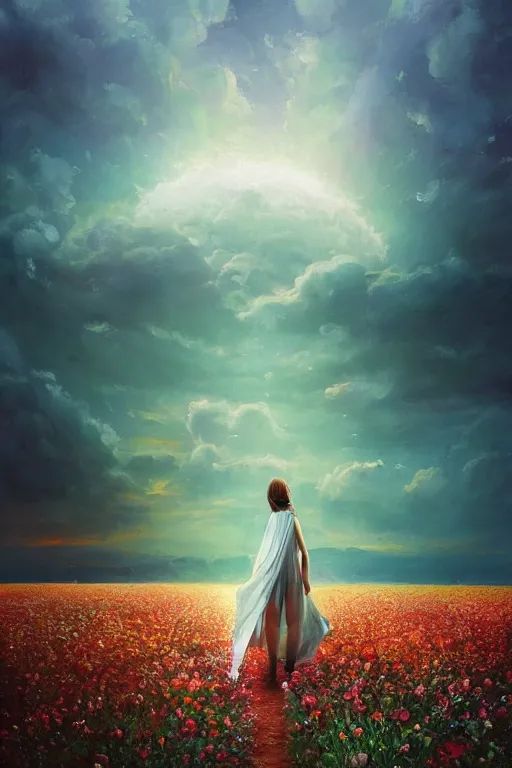 Image similar to giant white flower head, veil girl walking in a flower field, surreal photography, sunrise, dramatic light, impressionist painting, colorful clouds, digital painting, artstation, simon stalenhag