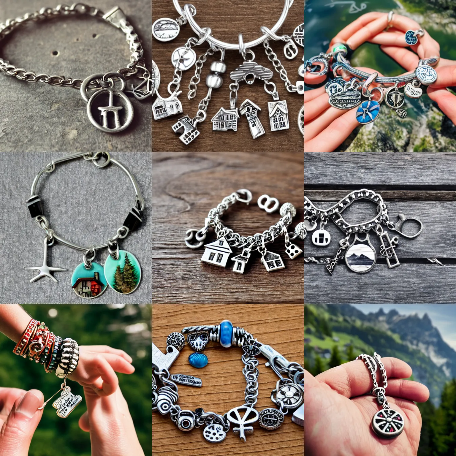 Prompt: charm bracelet with charms of swiss cottages and mountains, hand model close-up photo