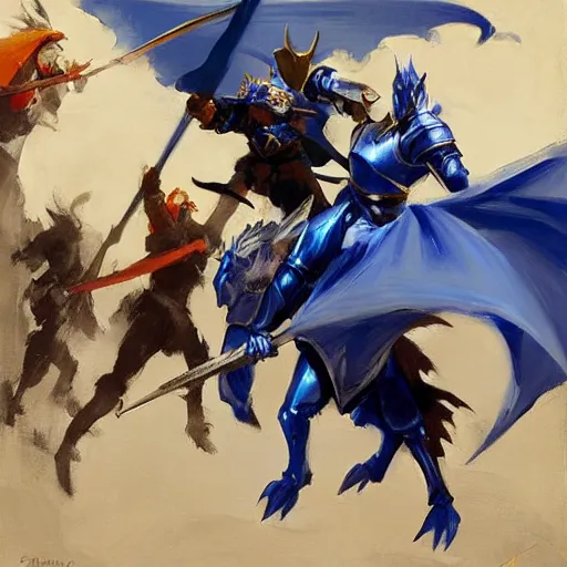 Prompt: dragon fight vs knight in a car, knight in blue armor and wields a gold sword, greg manchess