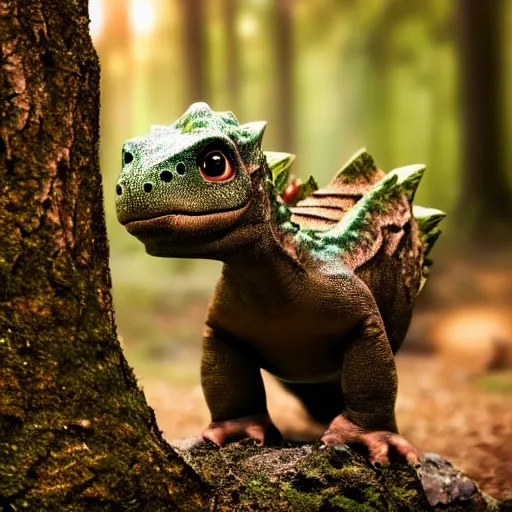 Image similar to a cute little dinosaur with long fur, portrait, pixar style, forest background, cinematic lighting, award winning creature portrait photography