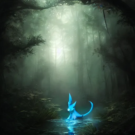 Image similar to a vaporeon as a cryptid silhouetted in a dark forest, glowing eyes, fantasy digital painting, stunning intricate details, artwork by ross tran and greg rutkowski