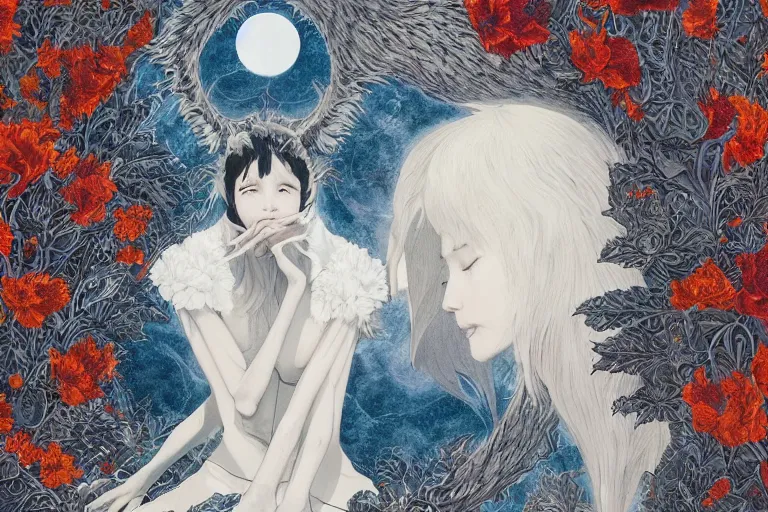 Image similar to werewolf portrait, phoenix in fire, orthodox saint, amalgamation of leaves and flowers. balenciaga, intricate complexity. matte paper, cut paper texture. by Jeffrey Catherine Jones, James jean, Miho Hirano, Hayao Miyazaki, coarse gritby. Full of light-blue and silver and white layers. Exquisite detail 8K