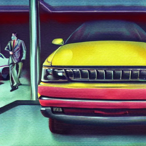 Image similar to used car salesman surreal oil painting, chromatic aberration, horror