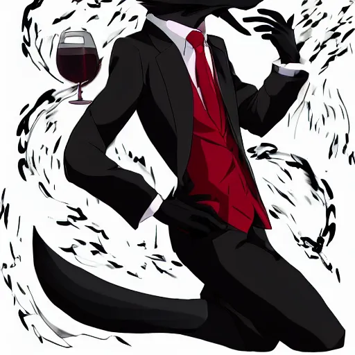 Image similar to key anime visual of a portrait anthropomorphic black male fox anthro furry fursona with long black hairstyle, wearing a wine red business suit, stern menacing male eyes, looking down, modern anime style