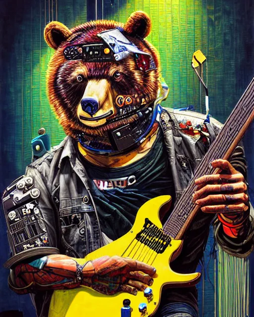 Prompt: a portrait of an anthropomorphic cyberpunk bear shredding an electric guitar by sandra chevrier, by jon foster, detailed render, tape deck, epic composition, cybernetics, 4 k realistic, cryengine, realistic shaded lighting, sharp focus, masterpiece, by enki bilal