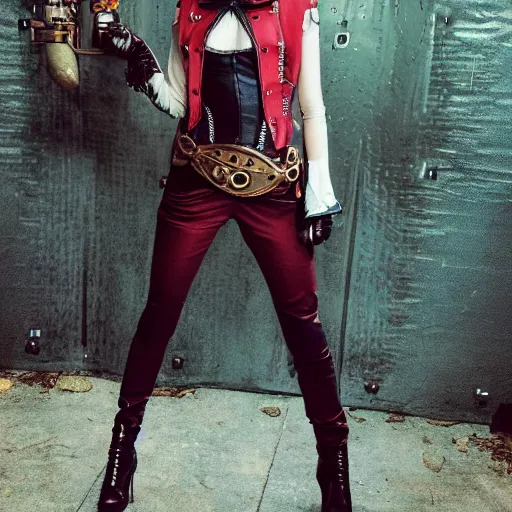 Image similar to full body photo of emma stone as a steampunk rogue with daggers
