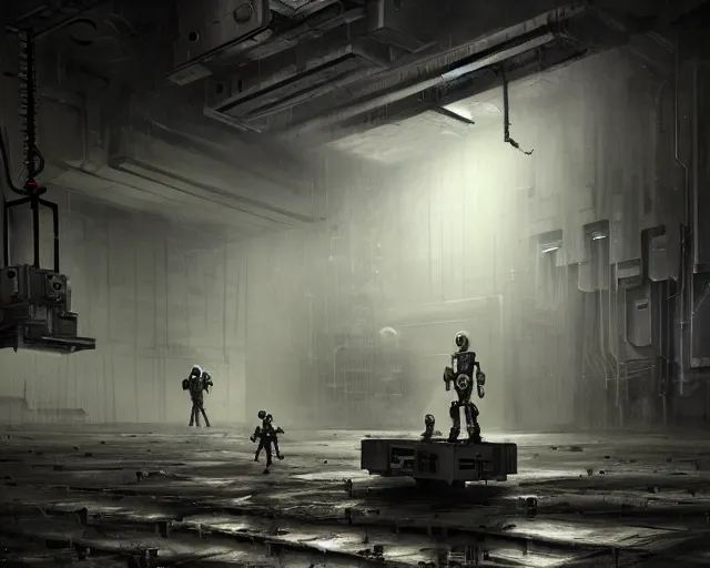 Image similar to robo in gloomy ruined server room in datacenter robot painting concept art of automata rusty steel robot knight colossus welder pacing mono eyed, sharp focus, emitting diodes, smoke, artillery, sparks, racks, motherboard, by pascal blanche rutkowski repin artstation hyperrealism detailed matte painting, 4 k resolution blade runner