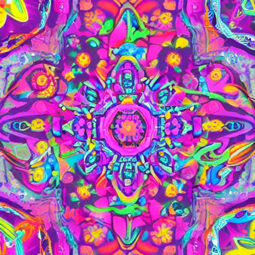 Image similar to Groovival aesthetic, Liminal space in outer space, hippie motifs, flower power motifs, with bright psychedelic shapes