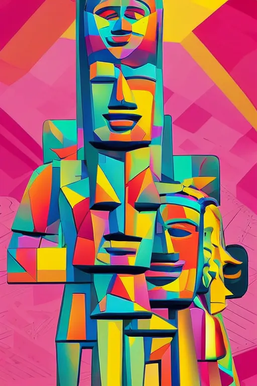 Image similar to cubist moai statue cutout digital illustration cartoon colorful beeple