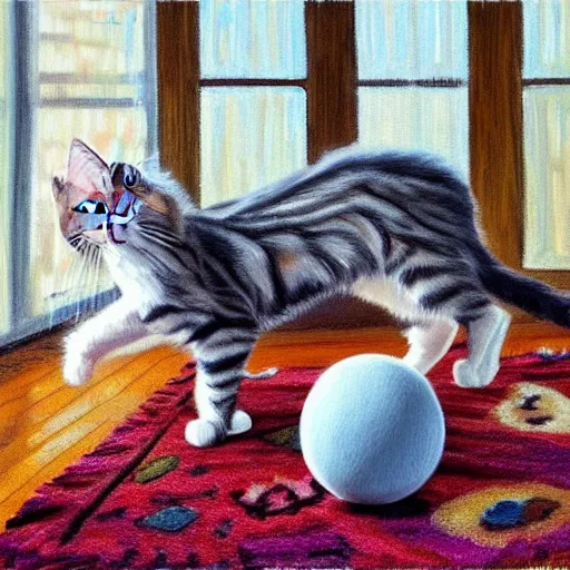 Image similar to cream color maine coon cat chasing a cat-toy-ball in a sunlit bedroom, hardwood floors with a colorful tattered old throw rug, bay window sofa in the background, fun, energetic, amusing, cute, funny, in style of Steve Henderson, trending on art station