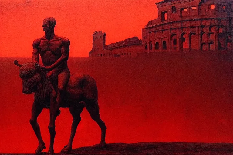 Image similar to only with red, caesar after war, a red tiger, in hoc signo vinces, rome in background, an ancient path, in the style of beksinski, part by hopper, part by rodcenko, part by hofbauer, intricate composition, red by caravaggio, insanely quality, highly detailed, masterpiece, red light, artstation