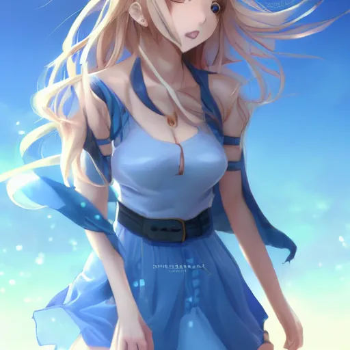 Image similar to a very beautiful anime mature girl, full body, long wavy blond hair, sky blue eyes, full round face, short smile, fancy top, miniskirt, front view, medium shot, mid-shot, highly detailed, cinematic wallpaper by Stanley Artgerm Lau