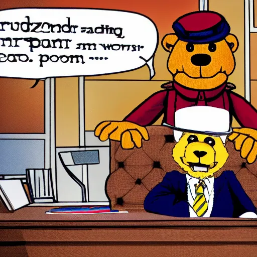 Image similar to Freddy Fazbear running for president, sitting at the presidents desk