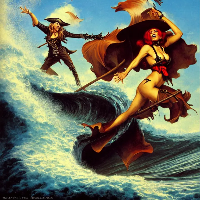 Prompt: a pirate witch summoning a giant wave by mark arian and art frahm and earl moran and fritz willis