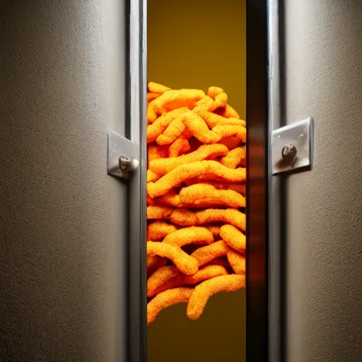 Prompt: photo looking through the door of a bank vault, a pile of documents and a bag of cheetos on the table, soft shadows, highly detailed