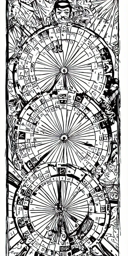 Prompt: Wheel of Fortune tarot card by a famous anime artist, clean, sharp lines, minimalistic,