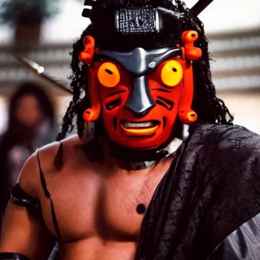 Image similar to big buff very strong very buff samurai wearing a cybernetic oni mask, movie still