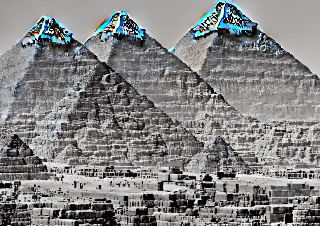 Prompt: Great Pyramids turning into gigantic robots with lasers in Egypt. Photorealistic. Intricate details.