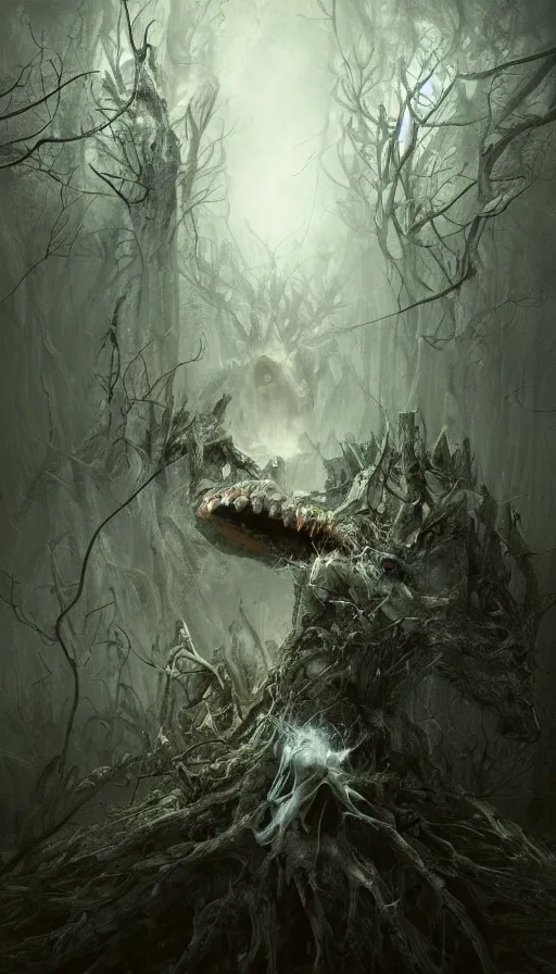 Image similar to a storm vortex made of many demonic eyes and teeth over a forest, by ryohei hase