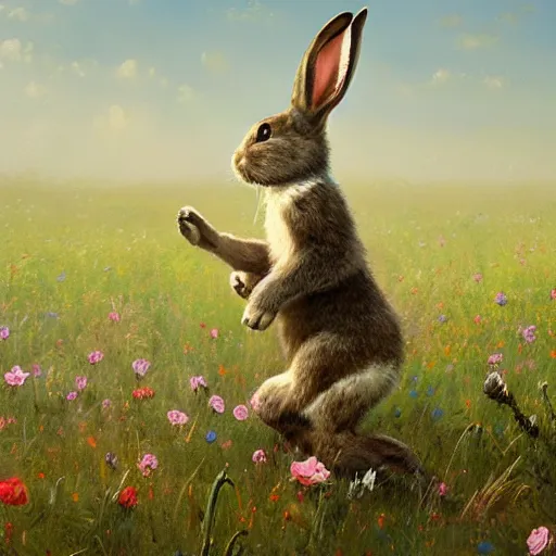 Image similar to A werebunny transforming in a field of flowers. Academic painting by Greg Rutkowski, Mobile still frame. 4K UHD