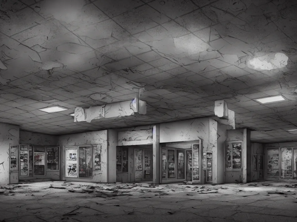 Prompt: Photorealistic Eerie Abandoned Blockbuster Video store with ghostly phantoms, Lomography, ambient occlusion, subsurface scatter, luminosity, trending on Artstation, cinematic lighting