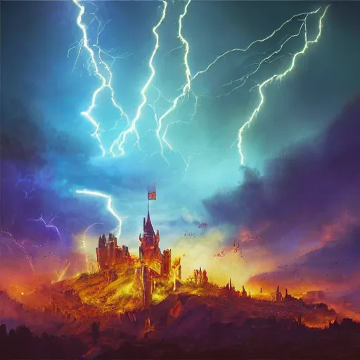 Image similar to A photo of a million sorcerers holding torches attacking magic castle under siege, fire from sky, blue lightnings, dramatic purple thunders, golden meteors, war, dramatic shadows, powerful photo, magic, dramatic lighting, intricate, wild, highly detailed, digital painting, artstation, concept art, smooth, sharp focus, illustration, art by artgerm and greg rutkowski and alphonse mucha, footage