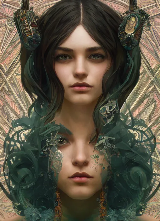 Image similar to symmetry!! jade, machine parts embedded into face, intricate, elegant, highly detailed, digital painting, artstation, concept art, smooth, sharp focus, illustration, art by artgerm and greg rutkowski and alphonse mucha, 8 k